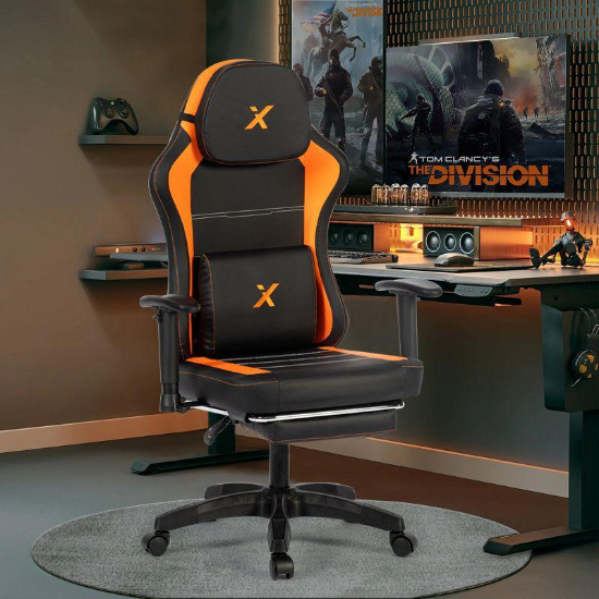 X Gaming Chair with Armrests & Supportive Cushions Sporty Design - Black & Orange ( Installation not included )