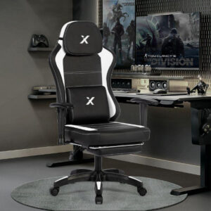 X Gaming Chair with Armrests & Supportive Cushions Sporty Design - Black & White ( Installation not included )