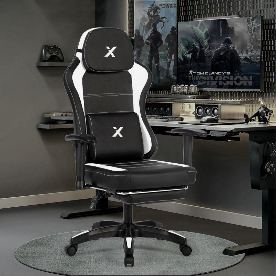 X Gaming Chair with Armrests & Supportive Cushions Sporty Design - Black & White ( Installation not included )
