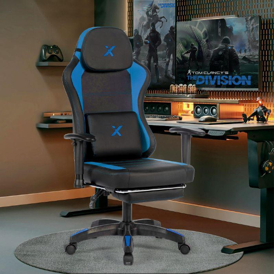 X Gaming Chair with Armrests & Supportive Cushions Sporty Design - Black & Blue ( Installation not included )