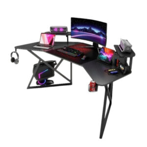 Gamax D2204B Curved Carbon fiber Gaming Table 180*70*74 cm with Multi Level Shelves & Mousepad - Black (Installation Not Included)