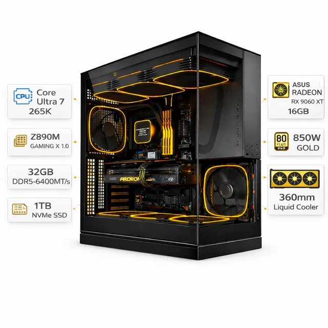 Custom Gaming PC Intel Core Ultra 7 265K, Asus RX 9060 XT 16GB, 32GB DDR5, 1TB NVMe, Windows 11 Pro - Image 2