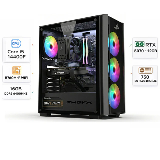 Custom Gaming PC Intel Core i5-14400F, RTX 5070 12GB, 16GB RAM DDR5, 480GB, 6400MHz, Windows 11 Pro