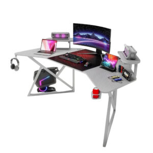Gamax D2204W Curved Carbon fiber Gaming Table 180*70*74 cm with Multi Level Shelves & Mousepad - White (Installation Not Included)