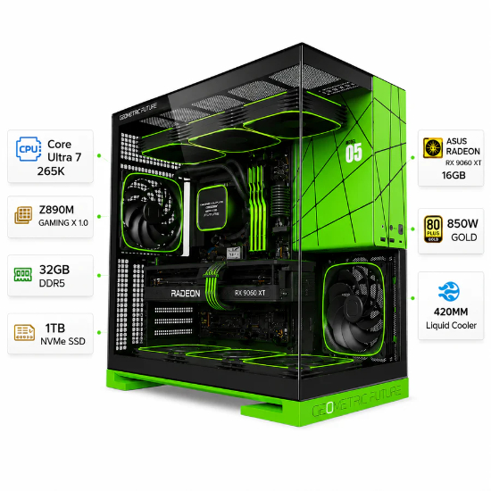 Custom Gaming PC Intel Core Ultra 7 265K, Asus RX 9060 XT 16GB, 16GB DDR5, 1TB NVMe, Windows 11 Pro - Black Green