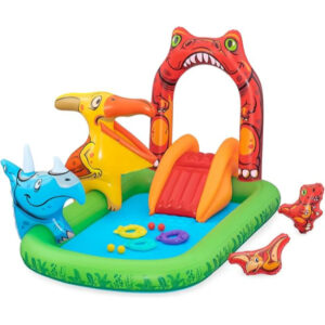BESTWAY 2.41M X 1.40M X 1.37M JURASSIC SPLASH PLAY CENTER (1 pool, 3 fish shaped rings,1 triceratops ring target, 1 pteranodon ball catch, 1 pteranodon, 1 T-rex, 4 play balls, repair patch.) Age 2+ / 53160