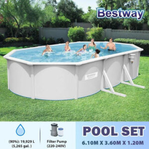 Bestway 6.10M X 3.60M X 1.20M OVAL POOL SET (Contents:One Pool, Sand Filter Pump(220-240V),Skimmer,Safety Ladder,Cover,Ground Cloth,ChemConnect Dispenser,Delivered on Pallet) 56369 (Installation Not Included)