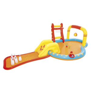 BESTWAY 4.35M X 2.13M X 1.17M LIL' CHAMP PLAY CENTER (One pool,one slide,six bowling pins,one basketball stand,two inflatable rings,4 play balls,repair patch.) Age 2+ / 53068